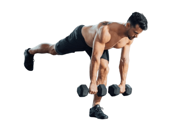 Man voert een single leg Romanian deadlift uit met dumbbells, gericht op balans, hamstrings en heupcontrole