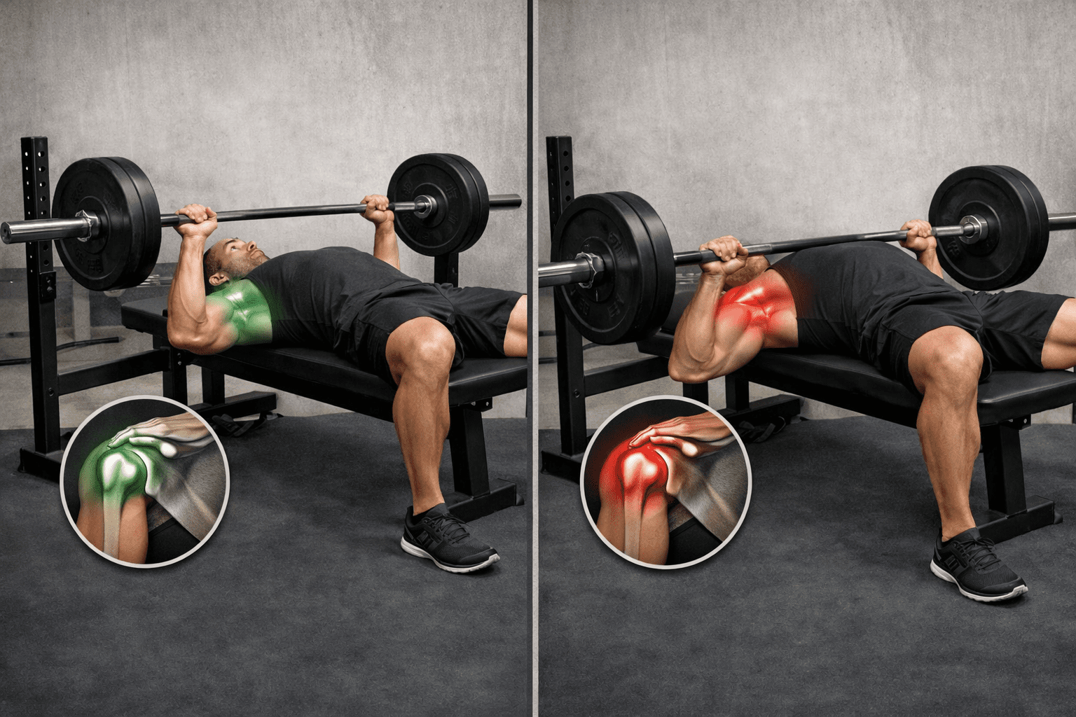 Vergelijking tussen Spoto Bench Press en bench press tot de borst waarbij de Spoto press minder schouderbelasting geeft dan de traditionele bench press